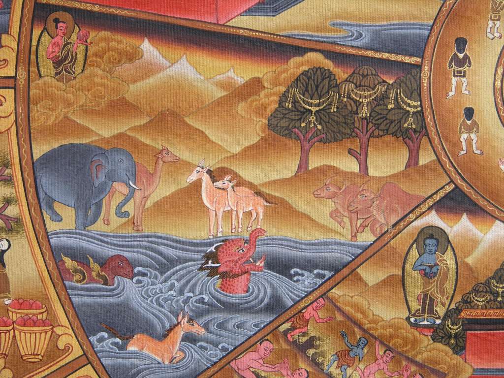 Tibetan Buddhism Wheel Of Life 06 04 Animals Animals suffer from ignorance and lack of speech and are interested in only food, sex and simple material comforts, and cannot see beyond the needs of the body. They are threatened by natural enemies and are exploited by human beings for flesh and for work. Red Buddha�s right hand is in the fearlessness mudra, while his left hand holds a book because the next step for animals who are in a state of barbarism and savagery is to become civilized and look beyond the surface of life to its meaning and purpose.